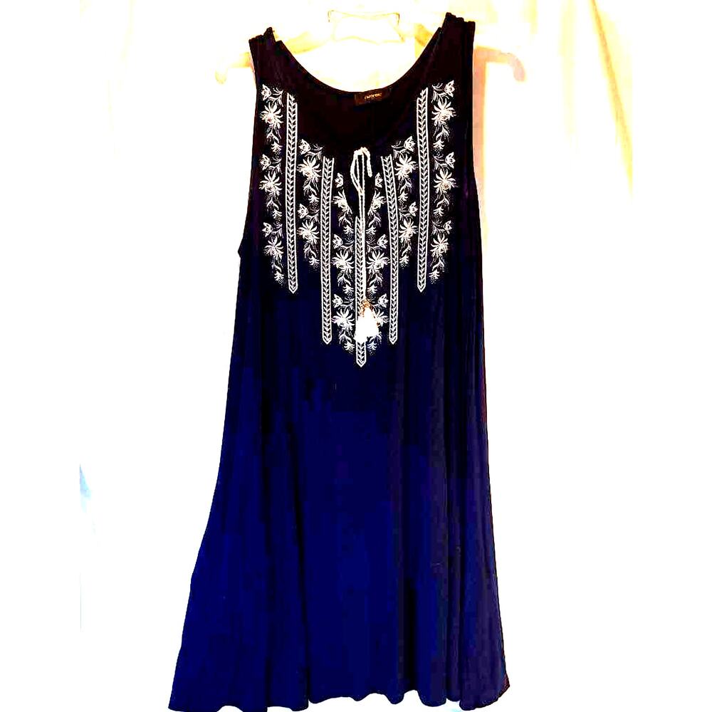 Espresso Women's A Line Dress Blue Stretch Notch Neck Tie Tassels Embroidered L